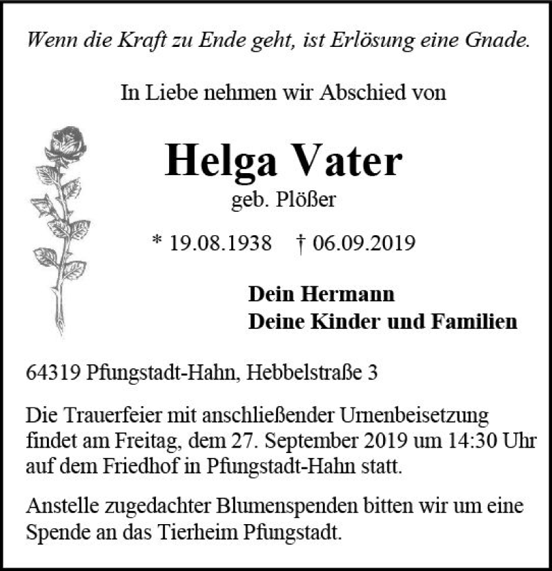  Traueranzeige für Helga Vater vom 21.09.2019 aus vrm-trauer