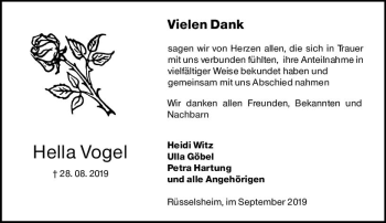 Traueranzeige von Hella Vogel von vrm-trauer