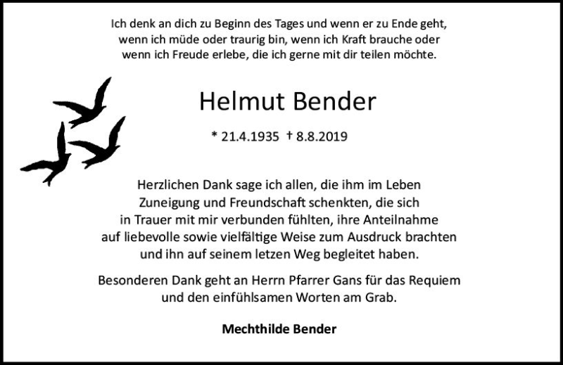  Traueranzeige für Helmut Bender vom 07.09.2019 aus vrm-trauer