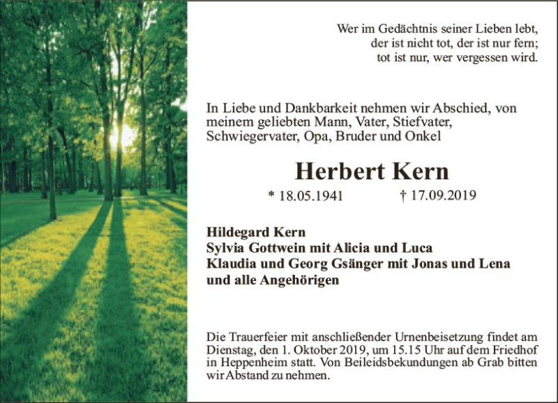  Traueranzeige für Herbert Kern vom 28.09.2019 aus vrm-trauer
