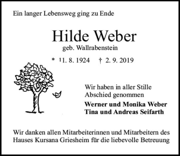 Traueranzeige von Hilde Weber von vrm-trauer