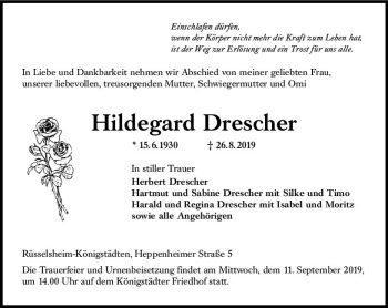 Traueranzeige von Hildegard Drescher von vrm-trauer