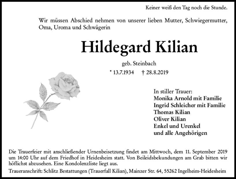  Traueranzeige für Hildegard Kilian vom 07.09.2019 aus vrm-trauer