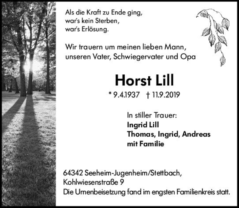 Traueranzeige für Horst Lill vom 21.09.2019 aus vrm-trauer