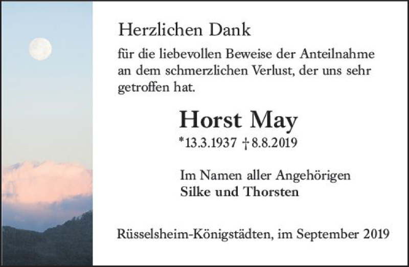 Traueranzeige für Horst May vom 07.09.2019 aus vrm-trauer
