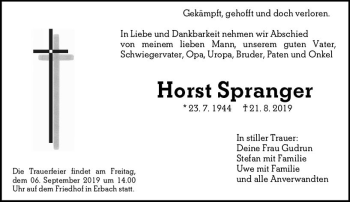 Traueranzeige von Horst Spranger von vrm-trauer