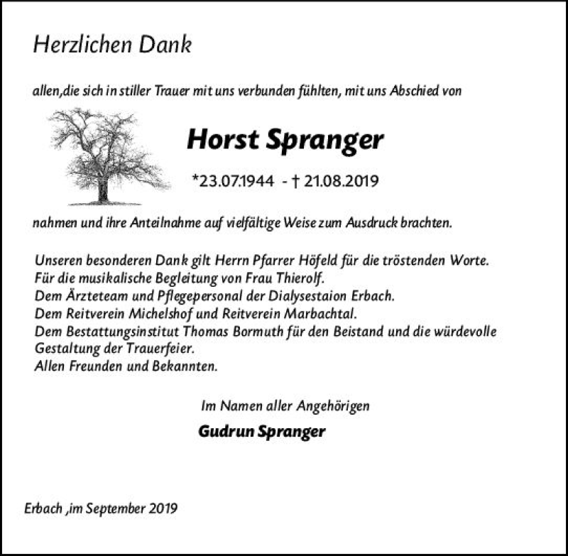  Traueranzeige für Horst Spranger vom 16.09.2019 aus vrm-trauer