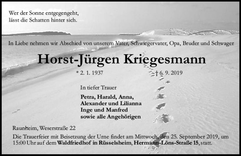  Traueranzeige für Horst Jürgen Kriggesmann vom 21.09.2019 aus vrm-trauer