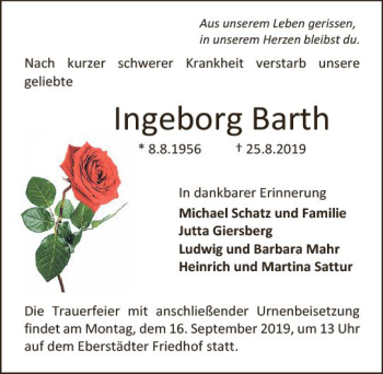 Traueranzeige von Ingeborg Barth von vrm-trauer