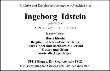 Traueranzeige von Ingeborg Idstein von vrm-trauer