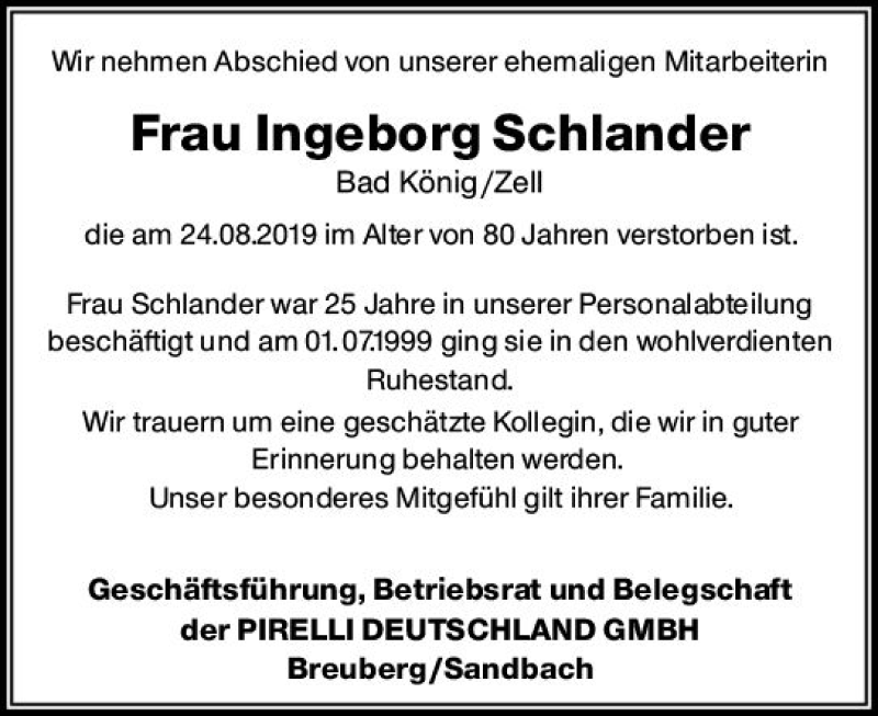  Traueranzeige für Ingeborg Schlander vom 03.09.2019 aus vrm-trauer