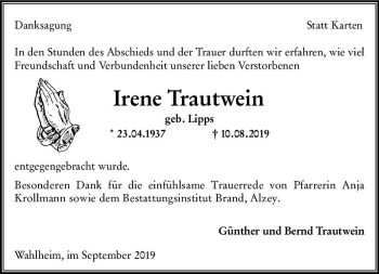 Traueranzeige von Irene Trautwein von vrm-trauer