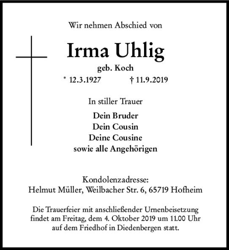  Traueranzeige für Irma Uhlig vom 20.09.2019 aus vrm-trauer