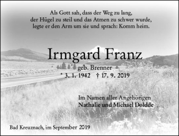 Traueranzeige von Irmgard Franz von vrm-trauer