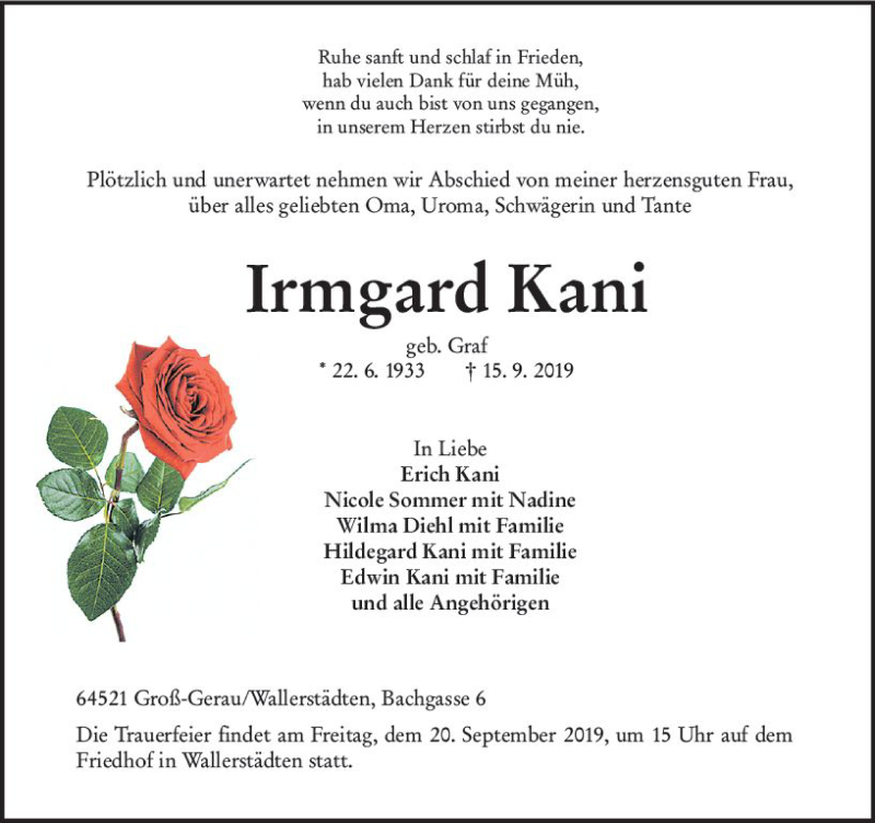  Traueranzeige für Irmgard Kani vom 18.09.2019 aus vrm-trauer