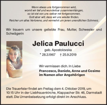 Traueranzeige von Jelica Paulucci von vrm-trauer