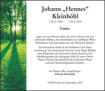 Traueranzeige von Johann Kleinböhl von vrm-trauer