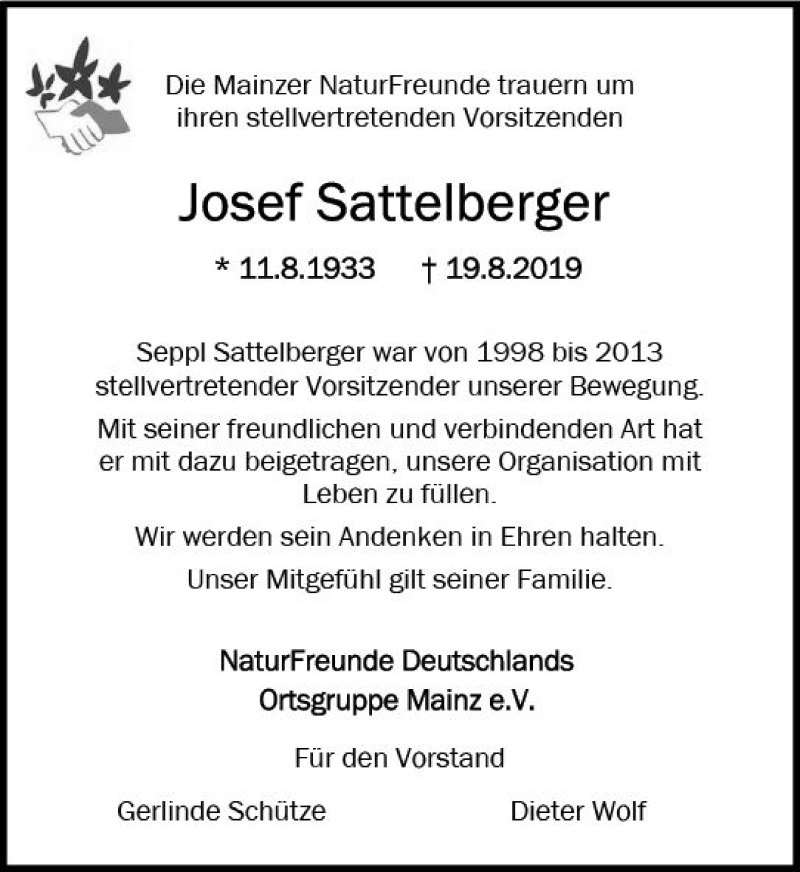  Traueranzeige für Josef Sattelberger vom 14.09.2019 aus vrm-trauer