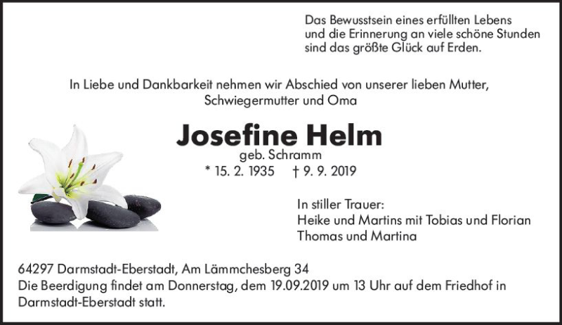  Traueranzeige für Josefine Helm vom 14.09.2019 aus vrm-trauer