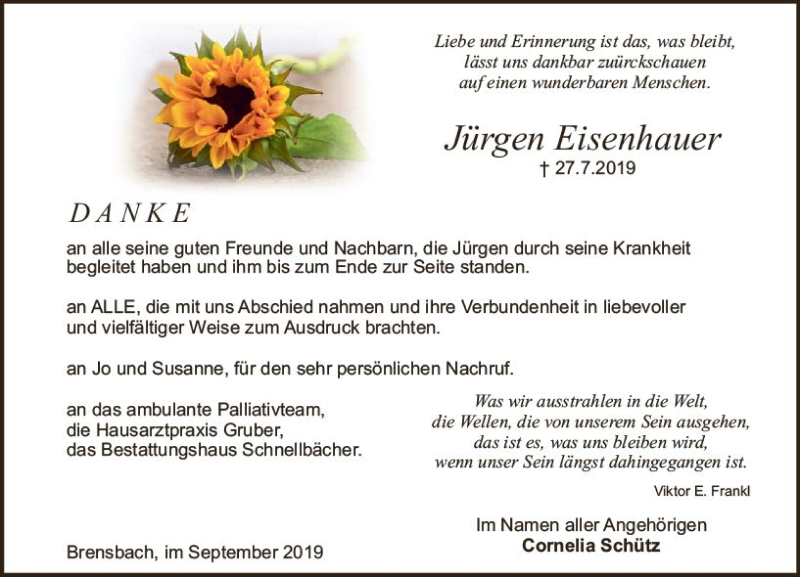  Traueranzeige für Jürgen Eisenhauer vom 14.09.2019 aus vrm-trauer