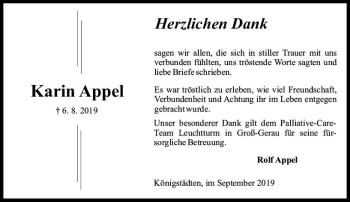 Traueranzeige von Karin Appel von vrm-trauer