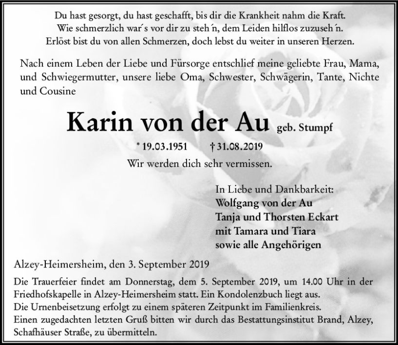  Traueranzeige für Karin von der Au vom 03.09.2019 aus vrm-trauer