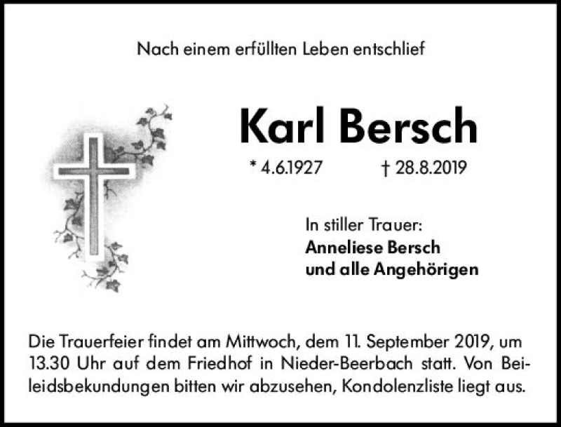  Traueranzeige für Karl Bersch vom 07.09.2019 aus vrm-trauer