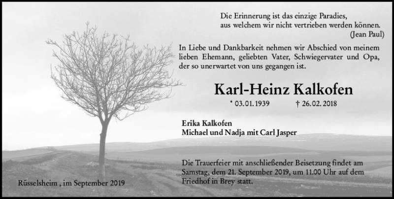  Traueranzeige für Karl-Heinz Kalkofen vom 18.09.2019 aus vrm-trauer