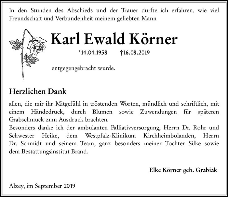  Traueranzeige für Karl Ewald Körner vom 07.09.2019 aus vrm-trauer