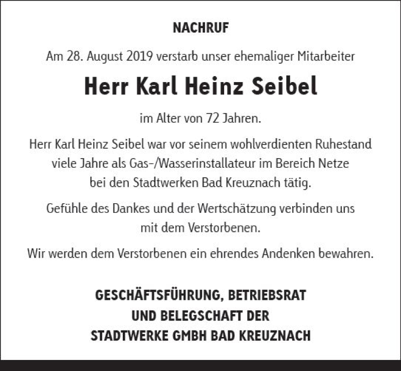  Traueranzeige für Karl Heinz Seibel vom 18.09.2019 aus vrm-trauer