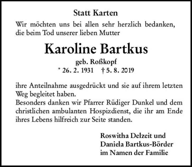  Traueranzeige für Karoline Bartkus vom 13.09.2019 aus vrm-trauer