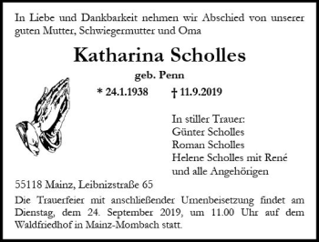 Traueranzeige von Katharina Scholles von vrm-trauer