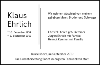 Traueranzeige von Klaus Ehrlich von vrm-trauer