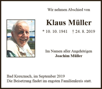 Traueranzeige von Klaus Müller von vrm-trauer