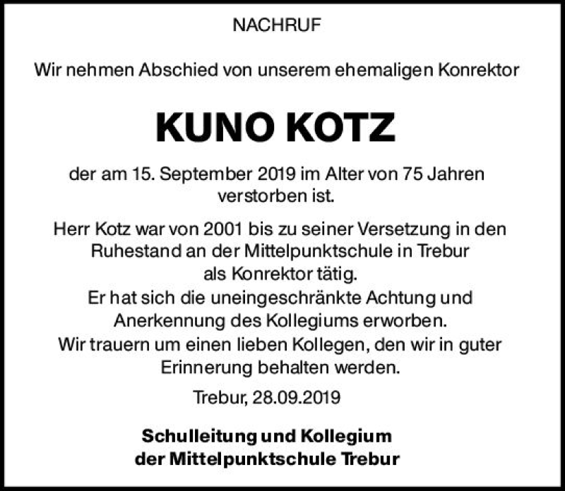  Traueranzeige für Kuno Kotz vom 28.09.2019 aus vrm-trauer