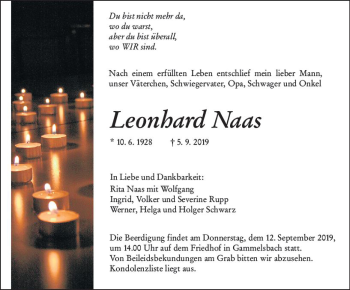 Traueranzeige von Leonhard Naas von vrm-trauer