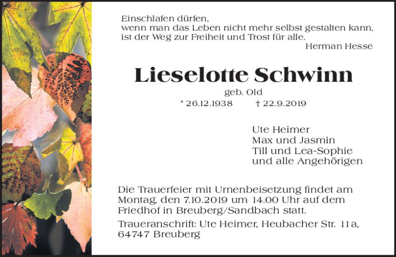  Traueranzeige für Lieselotte Schminn vom 28.09.2019 aus vrm-trauer