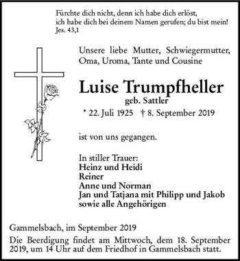 Traueranzeige von Luise Trumpfheller von vrm-trauer