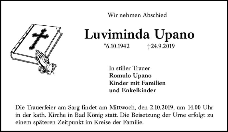  Traueranzeige für Luviminda Upano vom 28.09.2019 aus vrm-trauer