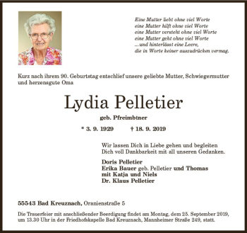 Traueranzeige von Lydia Pelletier von vrm-trauer