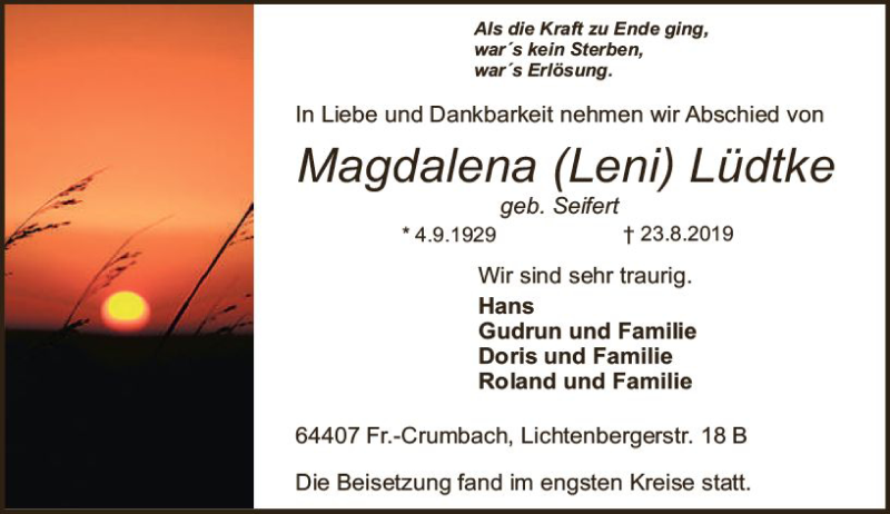  Traueranzeige für Magdalena Lüdtke vom 07.09.2019 aus vrm-trauer