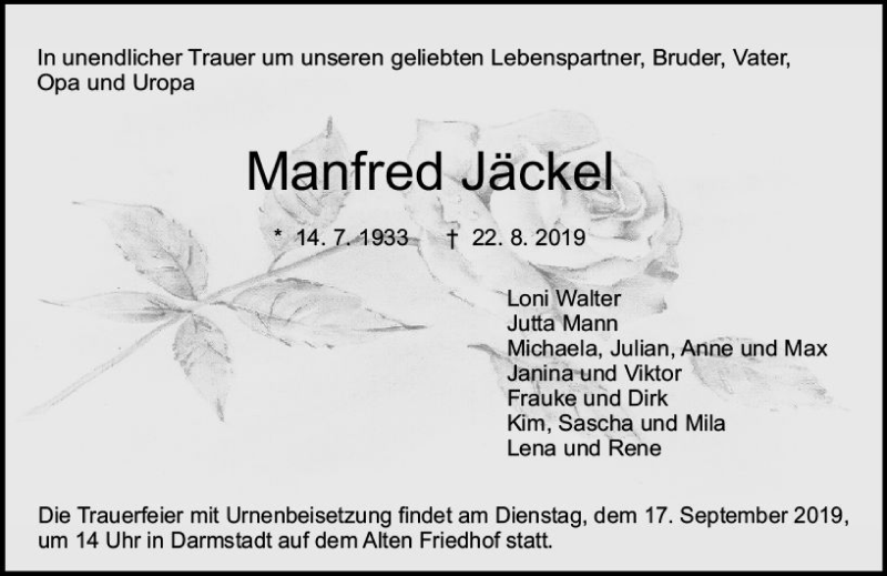  Traueranzeige für Manfred Jäckel vom 07.09.2019 aus vrm-trauer