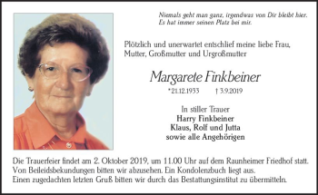 Traueranzeige von Margarete Finkbeiner von vrm-trauer
