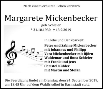 Traueranzeige von Margarete Mickenbecker von vrm-trauer