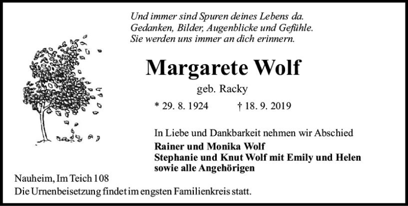  Traueranzeige für Margarete Wolf vom 21.09.2019 aus vrm-trauer