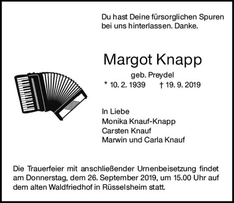  Traueranzeige für Margot Knapp vom 21.09.2019 aus vrm-trauer