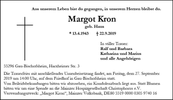Traueranzeige von Margot Kron von vrm-trauer