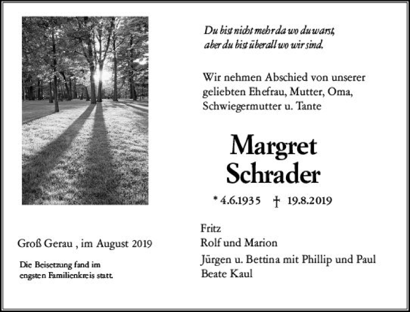  Traueranzeige für Margret Schrader vom 07.09.2019 aus vrm-trauer