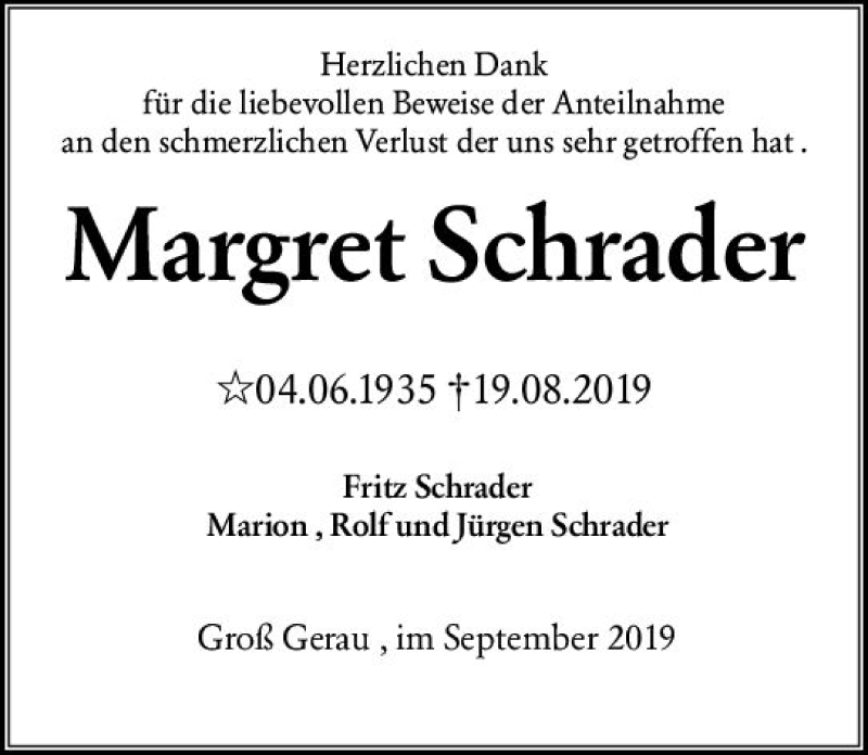  Traueranzeige für Margret Schrader vom 14.09.2019 aus vrm-trauer