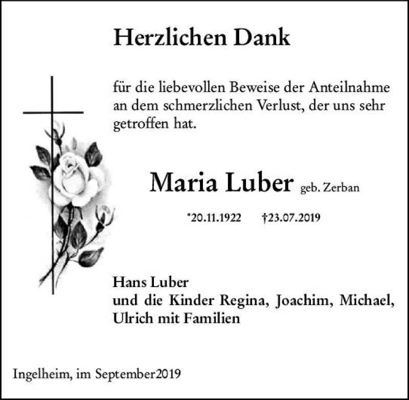  Traueranzeige für Maria Luber vom 21.09.2019 aus vrm-trauer